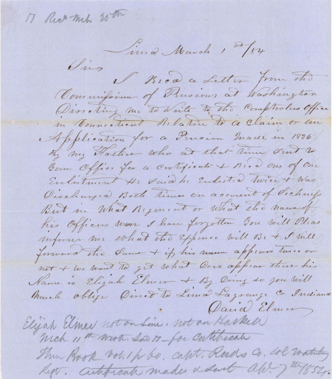 Revolutionary War Pension for Elijah Elmer - Connecticut - 1854 dated American Revolutionary War