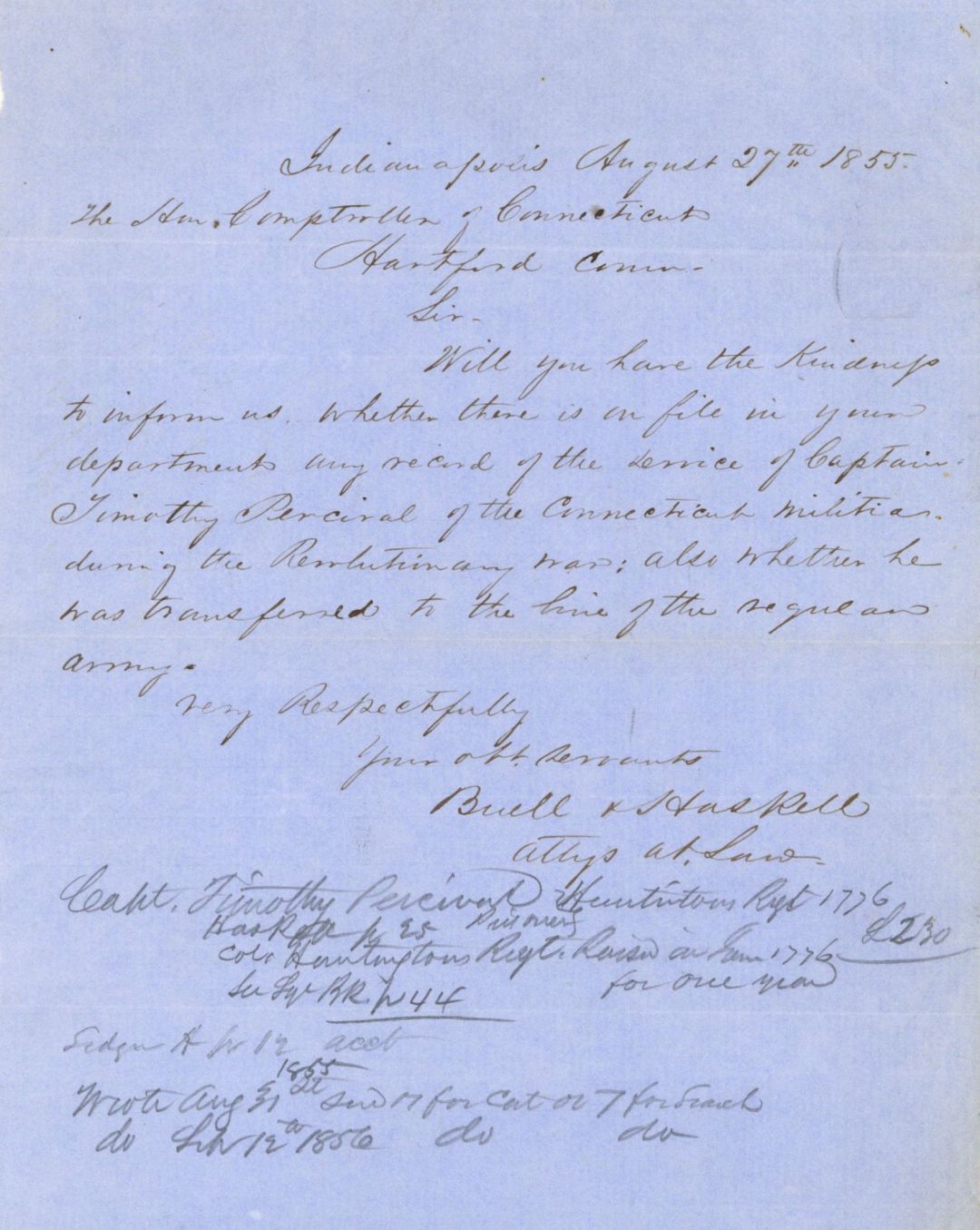 Revolutionary War Pension for Captain Timothy Percival - Connecticut - 1855 dated American Revolutionary War