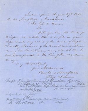 Revolutionary War Pension for Captain Timothy Percival - Connecticut - 1855 dated American Revolutionary War