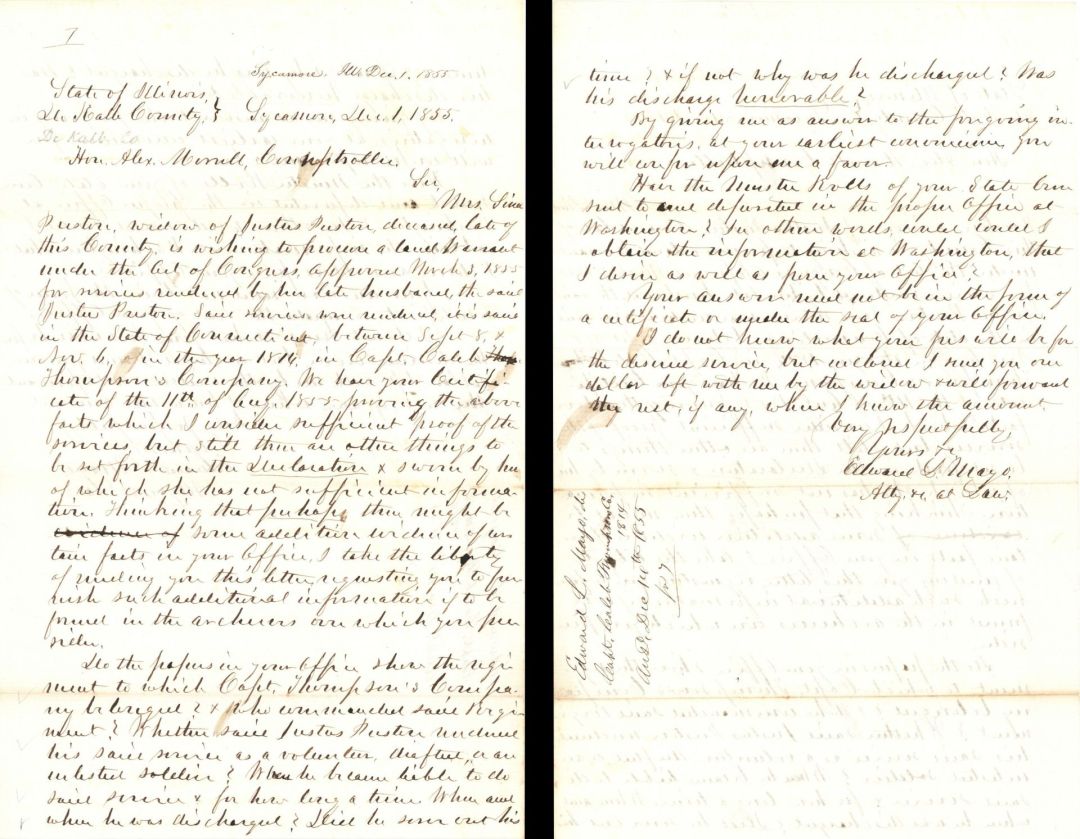 Revolutionary War Pension for Captain Caleb Thompson - Connecticut - 1855 dated American Revolutionary War