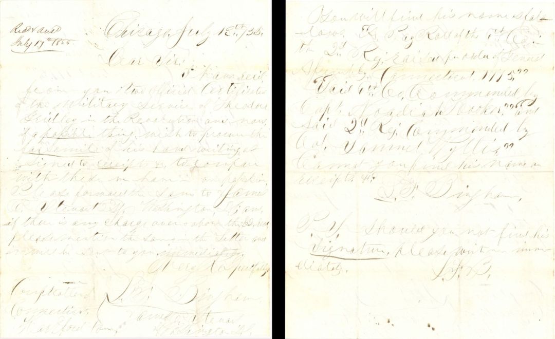 Revolutionary War Pension for Theodore Gridley - Connecticut - 1855 dated American Revolutionary War