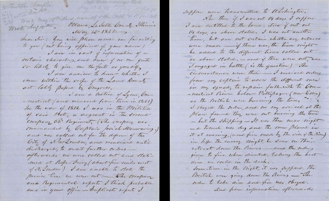 Revolutionary War Pension for Christopher Champlin - Connecticut - 1855 dated American Revolutionary War