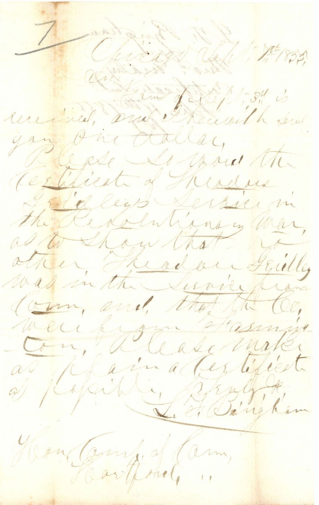 Revolutionary War Pension for Theodore Gridley - Connecticut - 1855 dated American Revolutionary War