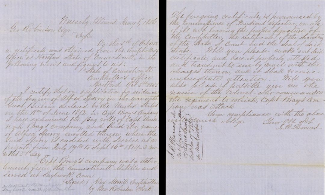 Revolutionary War Pension for Alfred Sperry - Connecticut - 1856 dated American Revolutionary War