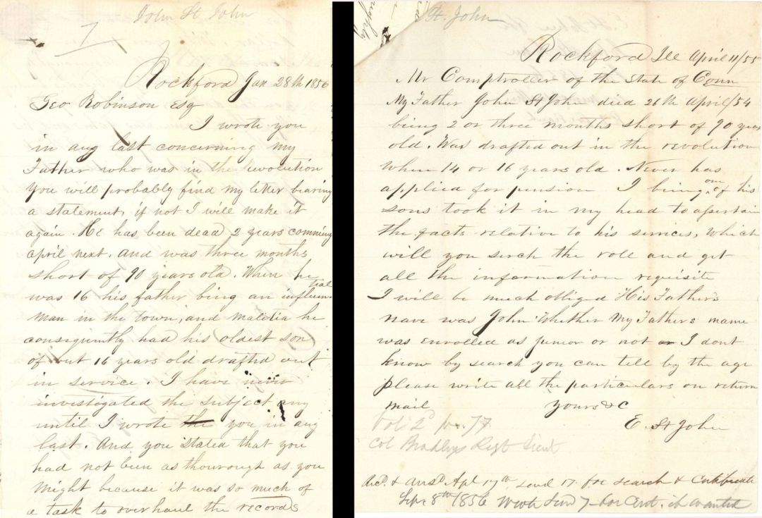 Revolutionary War Pension for John St. John - Connecticut - 1856 dated American Revolutionary War