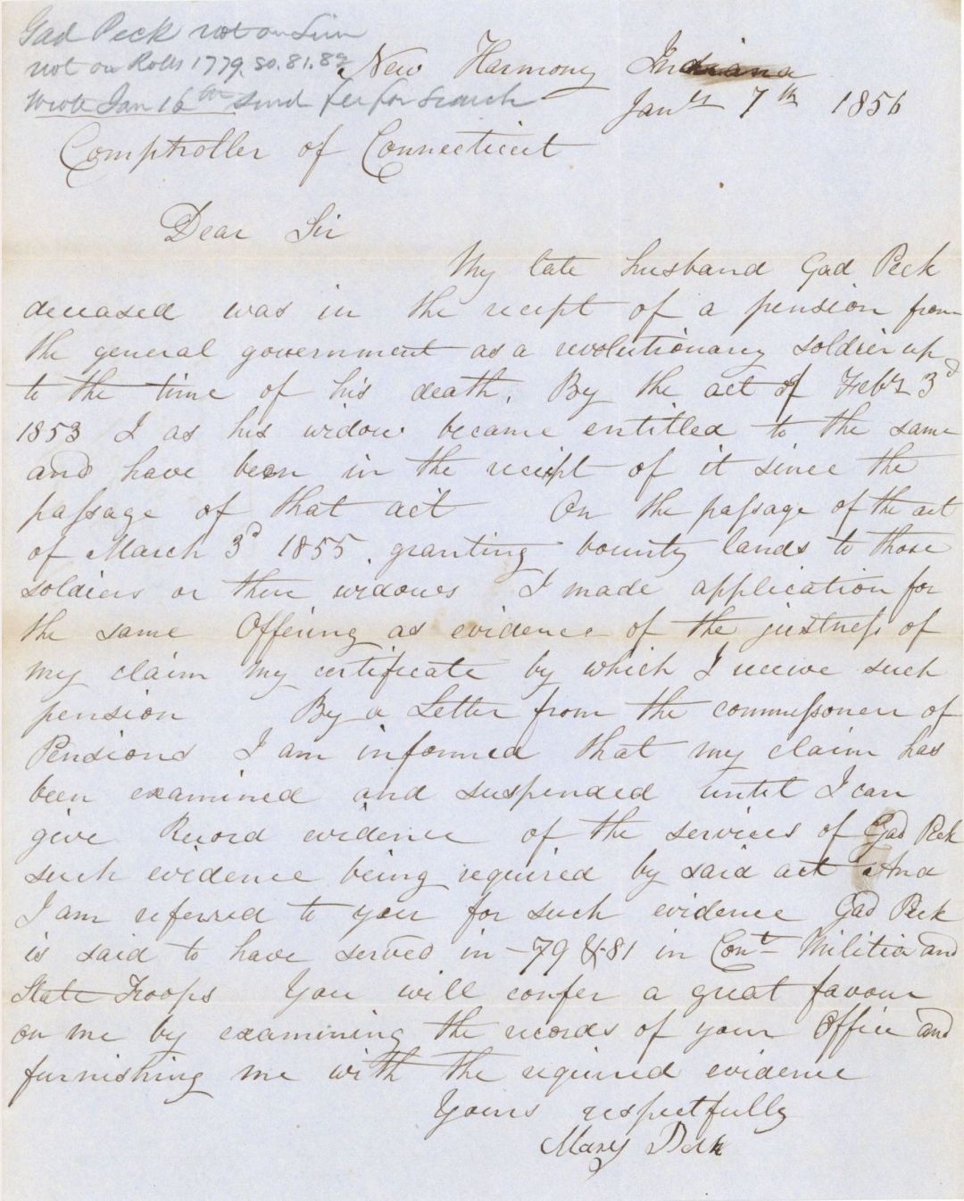 Revolutionary War Pension for Gad Peck - Connecticut - 1856 dated American Revolutionary War