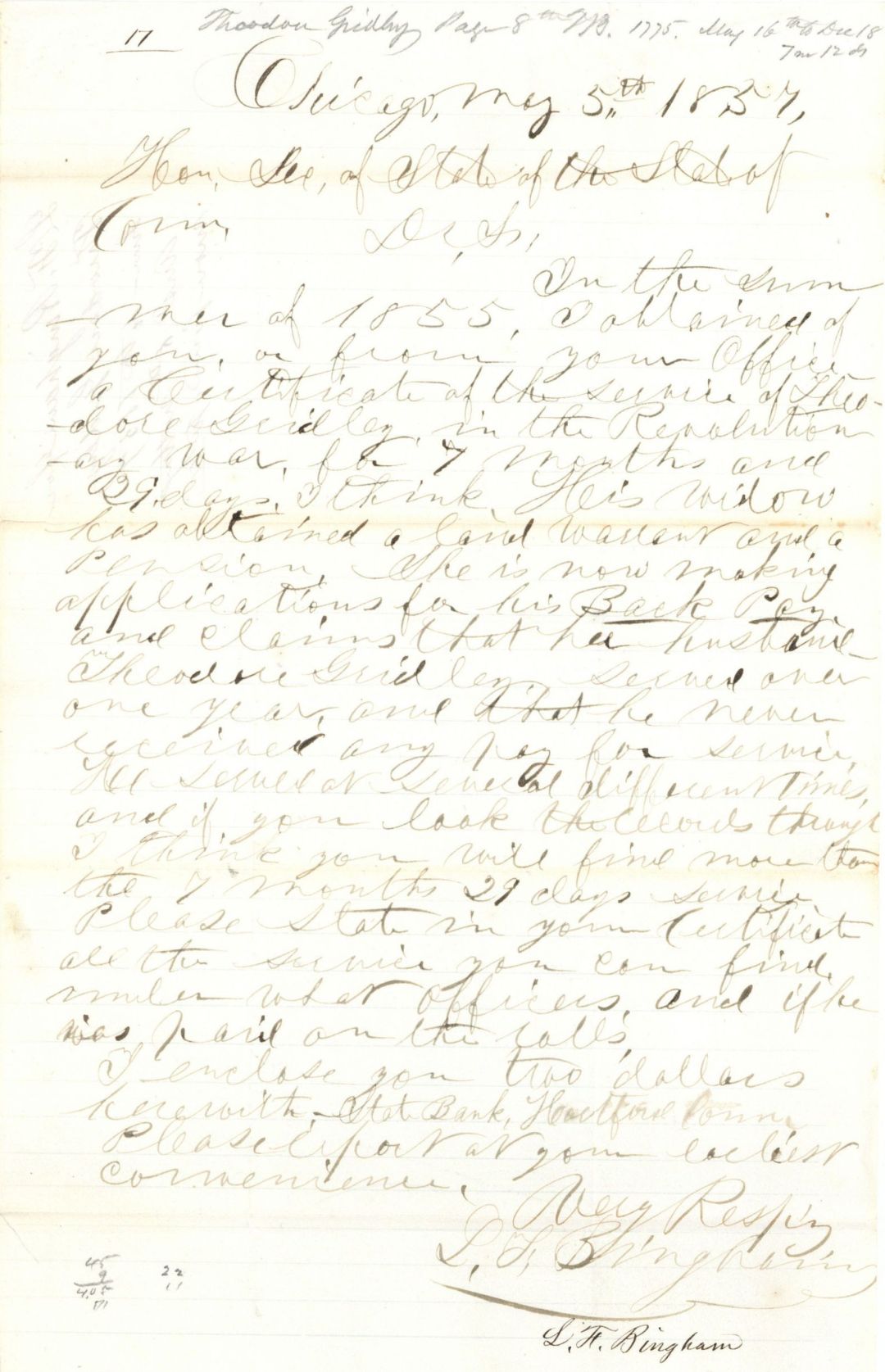 Revolutionary War Pension for Theodore Gridley - Connecticut - 1857 dated American Revolutionary War