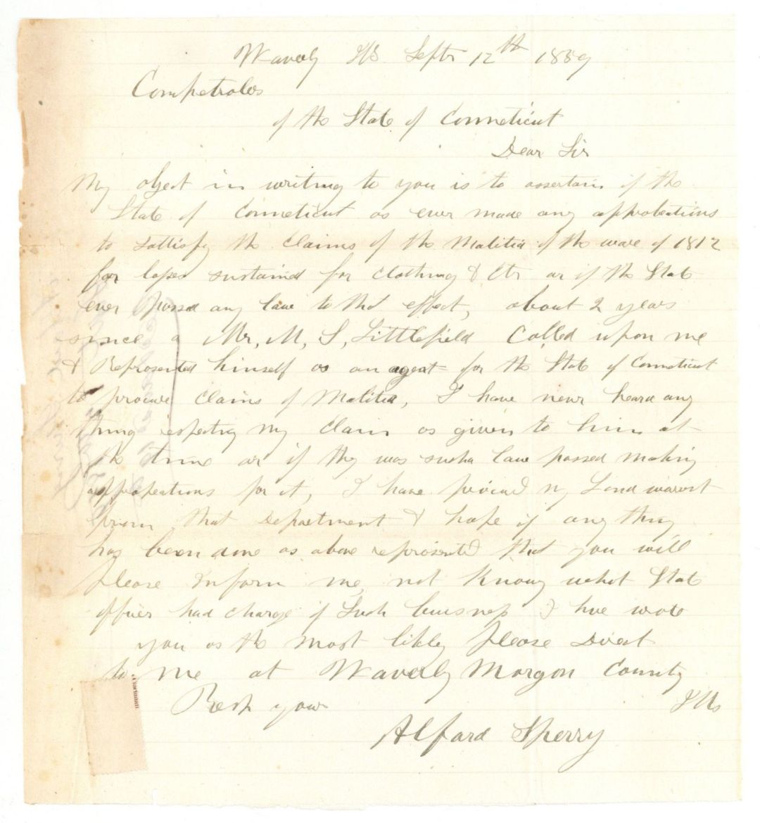 Revolutionary War Pension for Alfard Sperry - Connecticut - 1859 dated American Revolutionary War