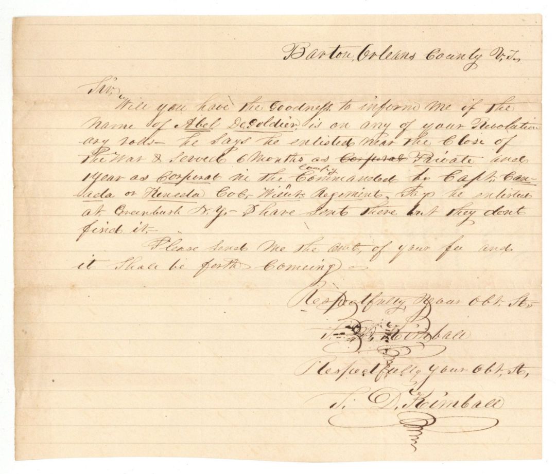 Revolutionary War Pension for Abel DeGoldier - Connecticut - 1800's dated American Revolutionary War