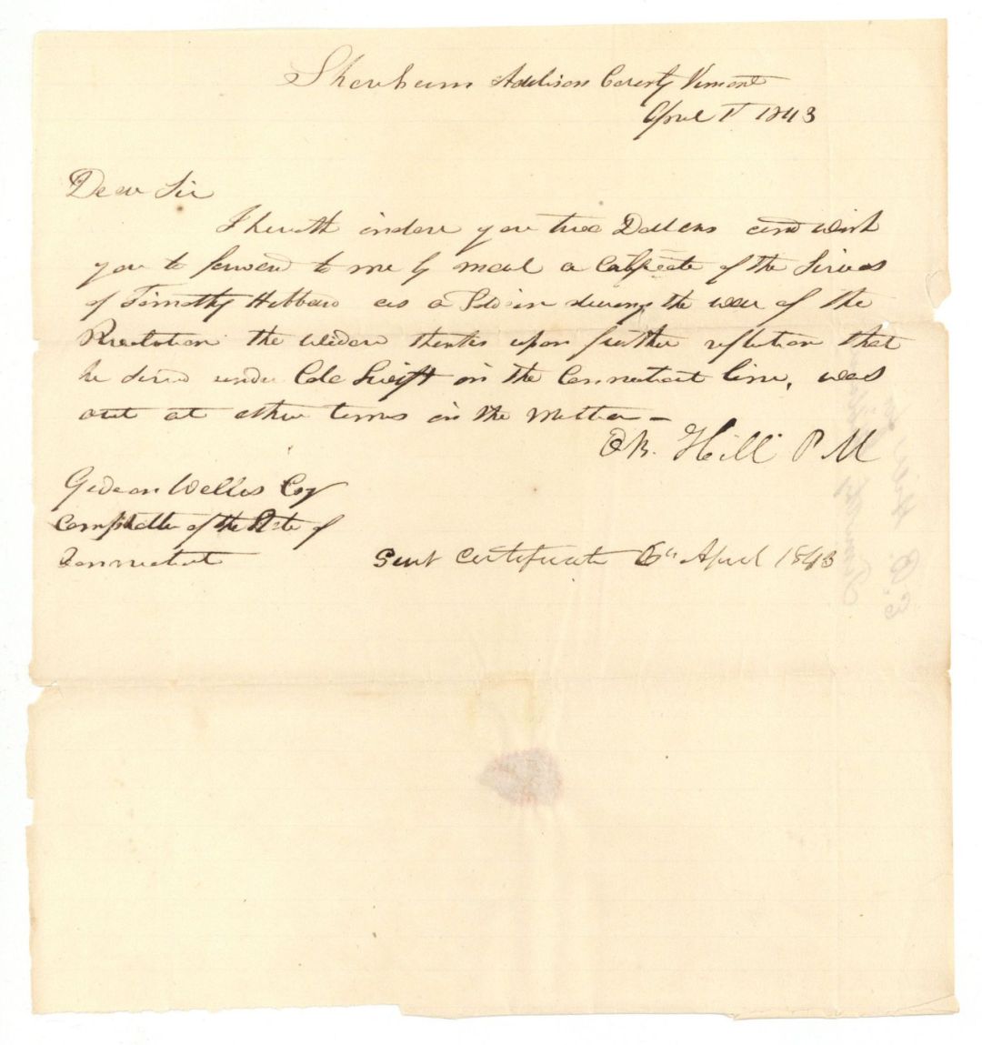 Revolutionary War Pension for Timothy Hibbard - Connecticut - 1843 dated American Revolutionary War