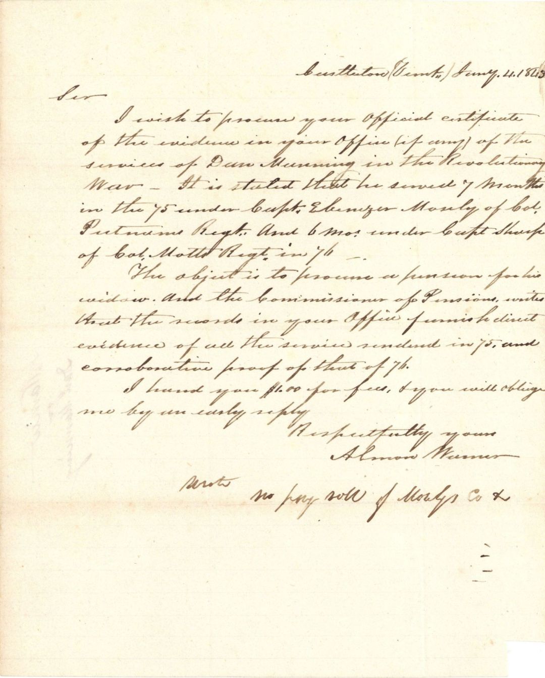 Revolutionary War Pension for Dan Manning - Connecticut - 1843 dated American Revolutionary War