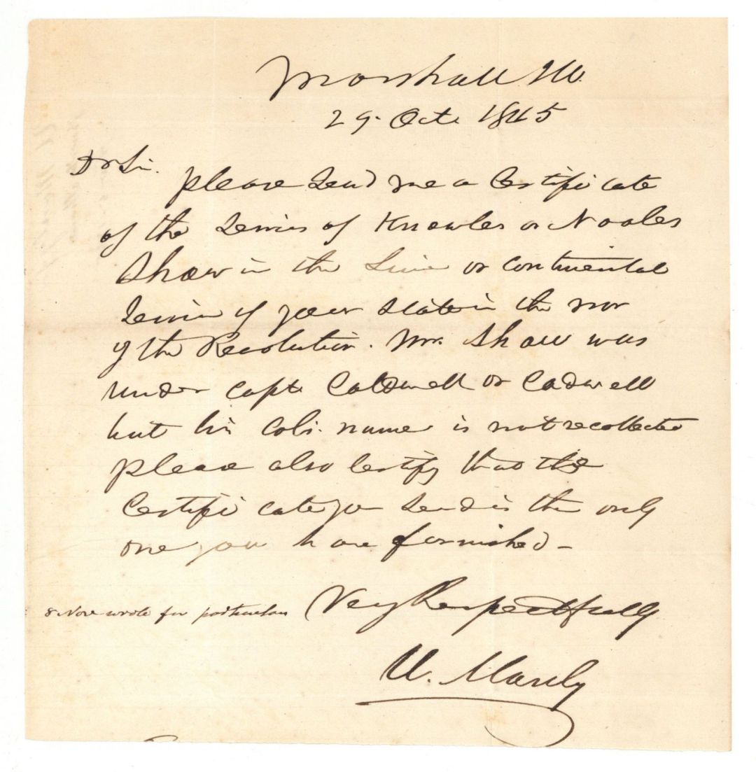 Revolutionary War Pension for Timothy Shaw - Connecticut - 1845 dated American Revolutionary War