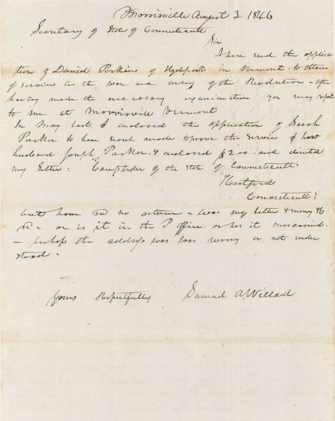Revolutionary War Pension for Daniel Perkins - Connecticut - 1846 dated American Revolutionary War