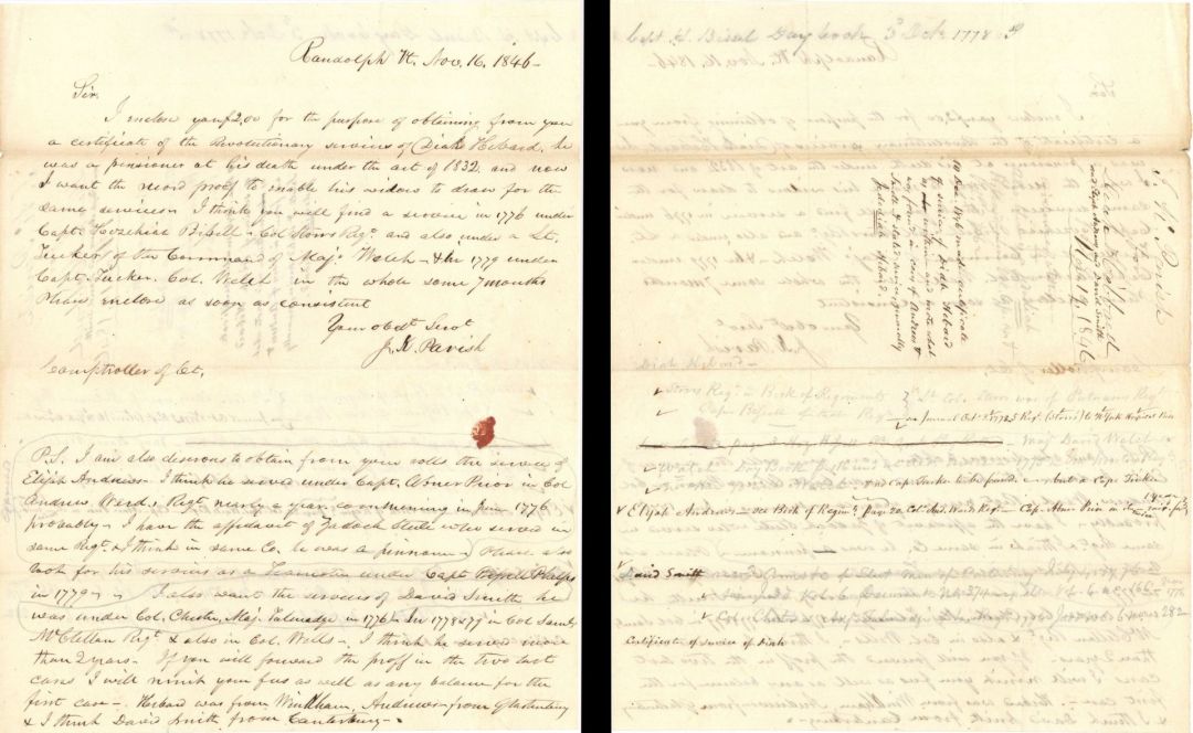 Revolutionary War Pension for Dick Hibbard and Elijah Andrews - Connecticut - 1846 dated American Revolutionary War