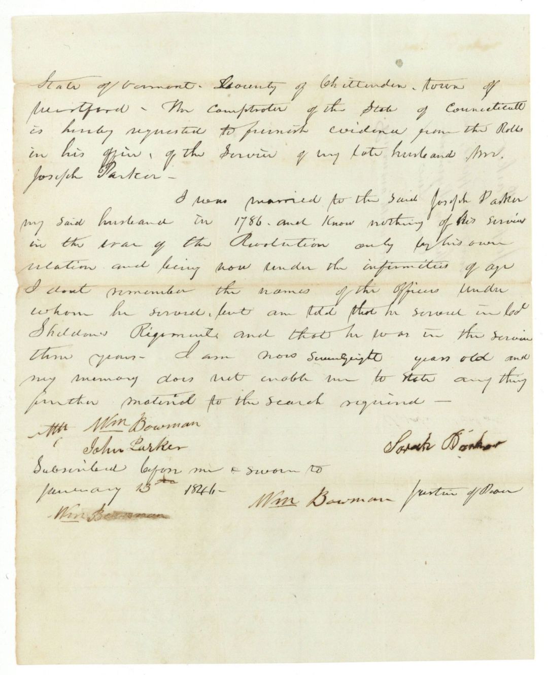 Revolutionary War Pension for Joseph Parker - Connecticut - 1846 dated American Revolutionary War