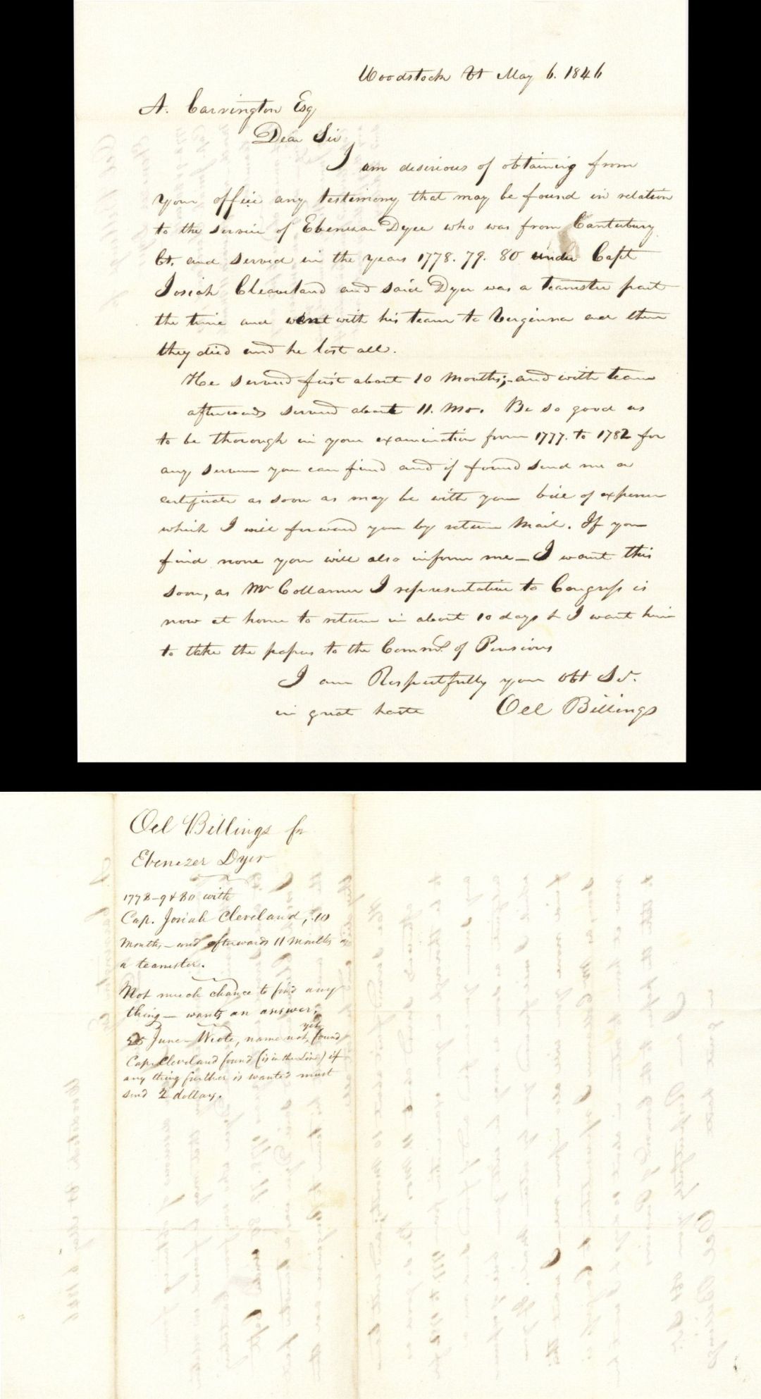 Revolutionary War Pension for Ebenezer Dyer - Connecticut - 1846 dated American Revolutionary War