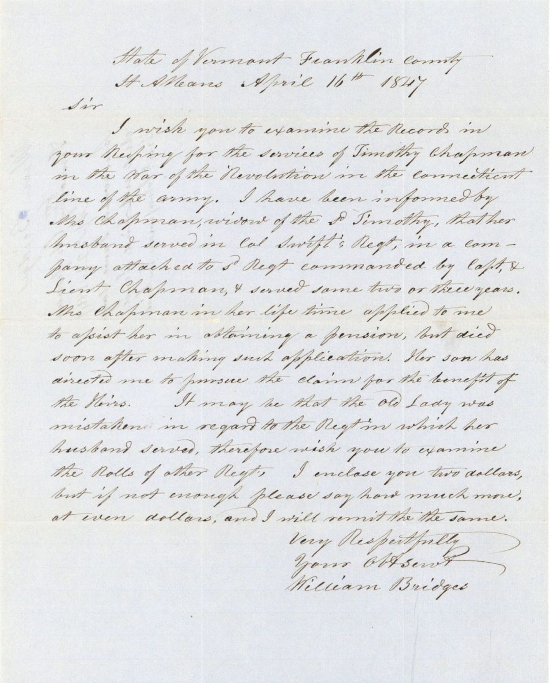 Revolutionary War Pension for Timothy Chapman - Connecticut - 1847 dated American Revolutionary War