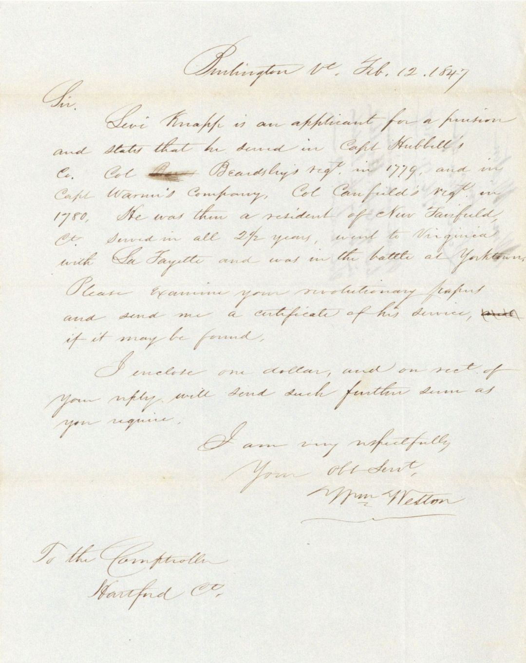 Revolutionary War Pension for Levi Knapp - Connecticut - 1847 dated American Revolutionary War