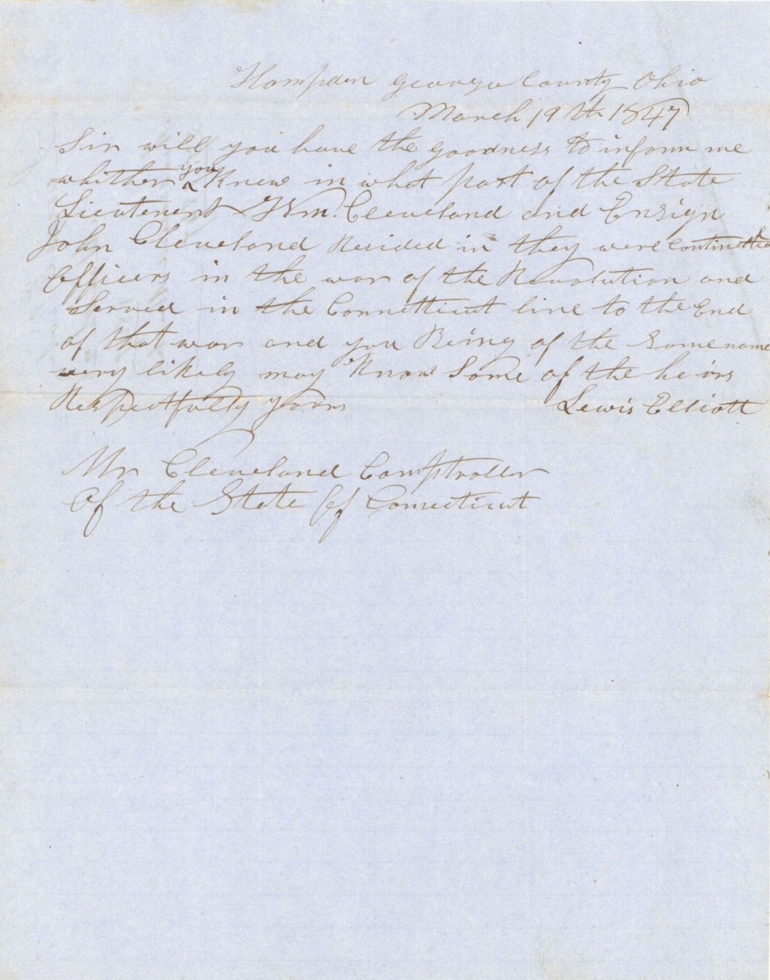 Revolutionary War Pension for Lieutenant Wm. Cleveland and Ensign John Cleveland - Connecticut - 1847 dated American Revolutionary War