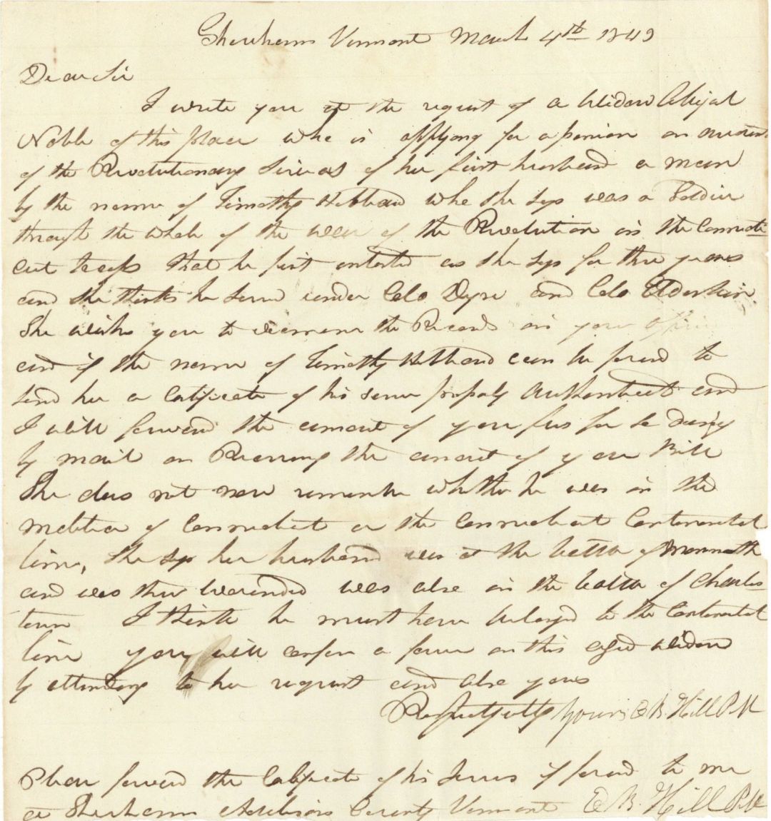 Revolutionary War Pension for Timothy Hibbard - Connecticut - 1849 dated American Revolutionary War