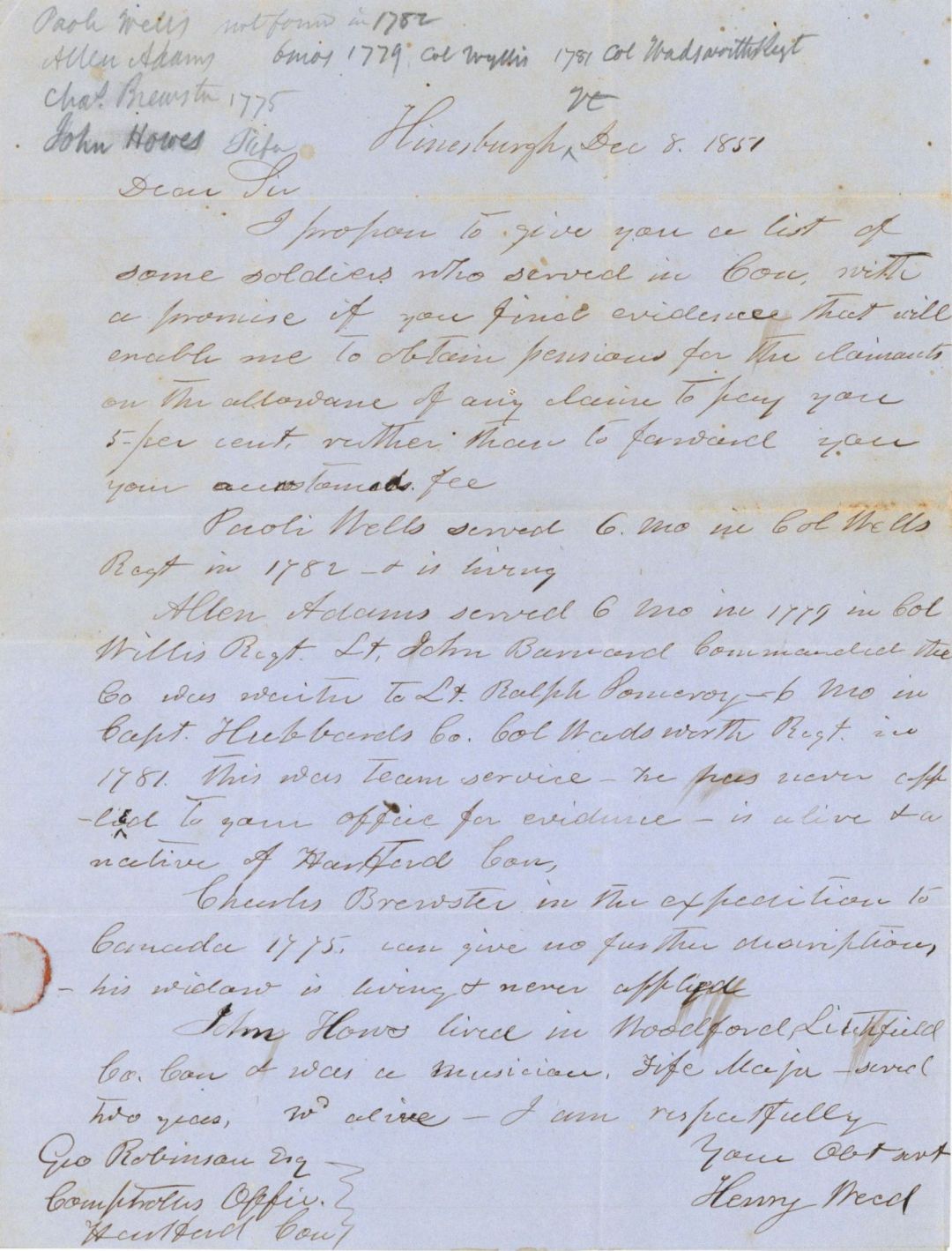 Revolutionary War Pension for 4 Soldiers - Connecticut - 1851 dated American Revolutionary War