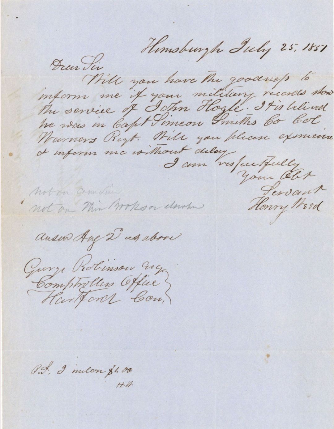 Revolutionary War Pension Request by John Hogle - Connecticut - 1851 dated American Revolutionary War