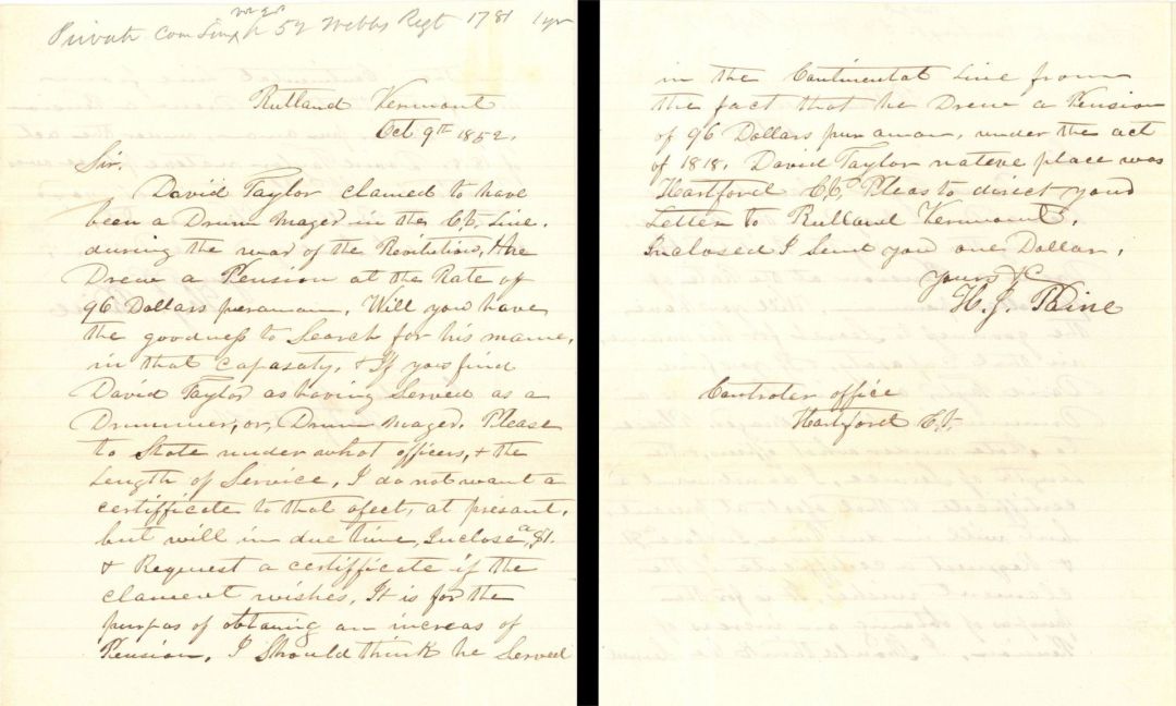 Revolutionary War Pension for David Taylor - Connecticut - 1852 dated American Revolutionary War