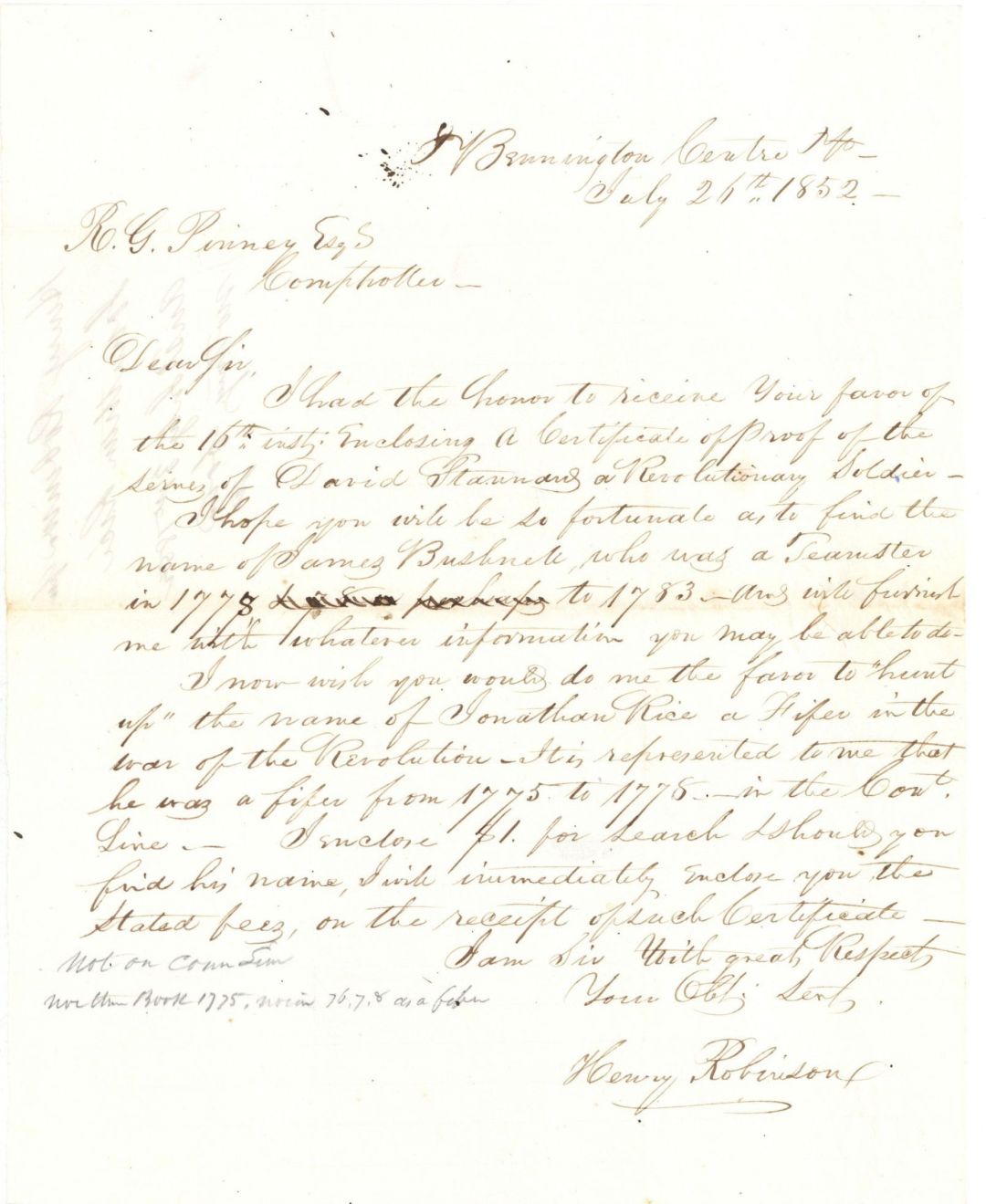 Revolutionary War Pension for David Stannard - Connecticut - 1852 dated American Revolutionary War
