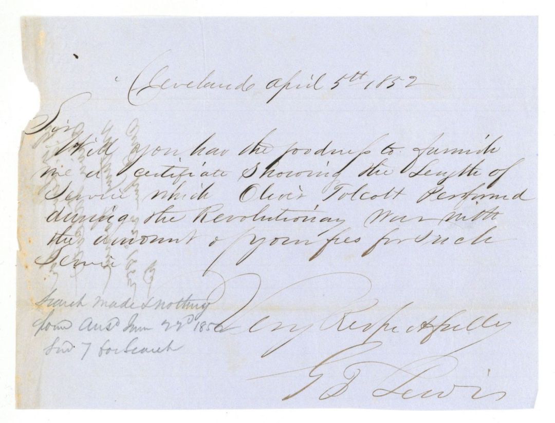 Revolutionary War Pension for Oliver Tolcott - Connecticut - 1852 dated American Revolutionary War