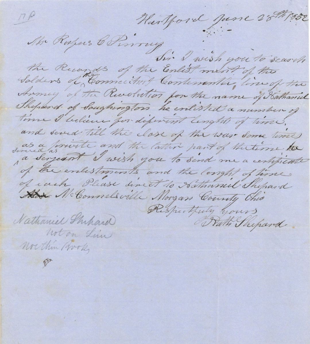 Revolutionary War Pension for Nathaniel Shepard - Connecticut - 1852 dated American Revolutionary War