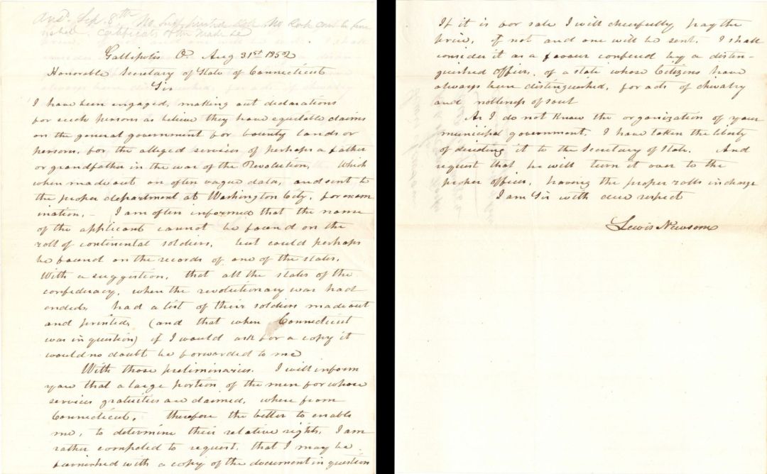 Revolutionary War Pension for Request by Lewis Newsoms - Connecticut - 1852 dated American Revolutionary War