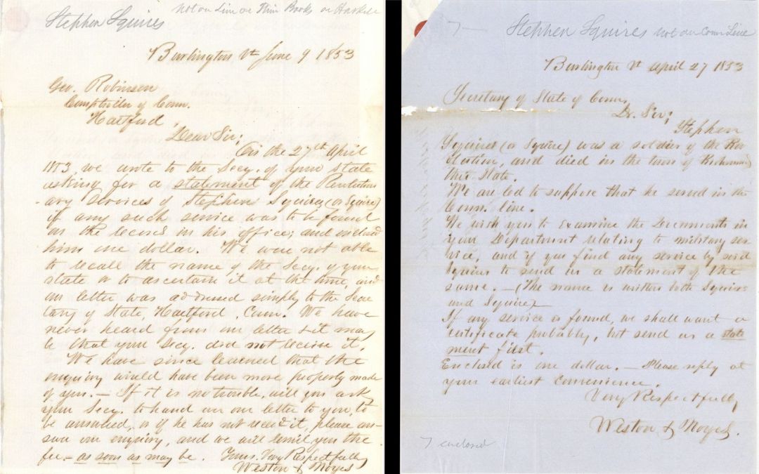 Revolutionary War Pension for Stephen Squires - Connecticut - 1853 dated American Revolutionary War