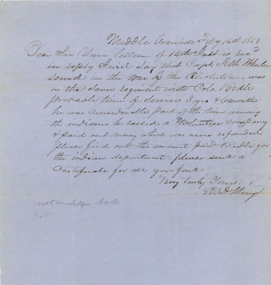 Revolutionary War Pension for Capt. Seth Wheeler - Connecticut - 1853 dated American Revolutionary War