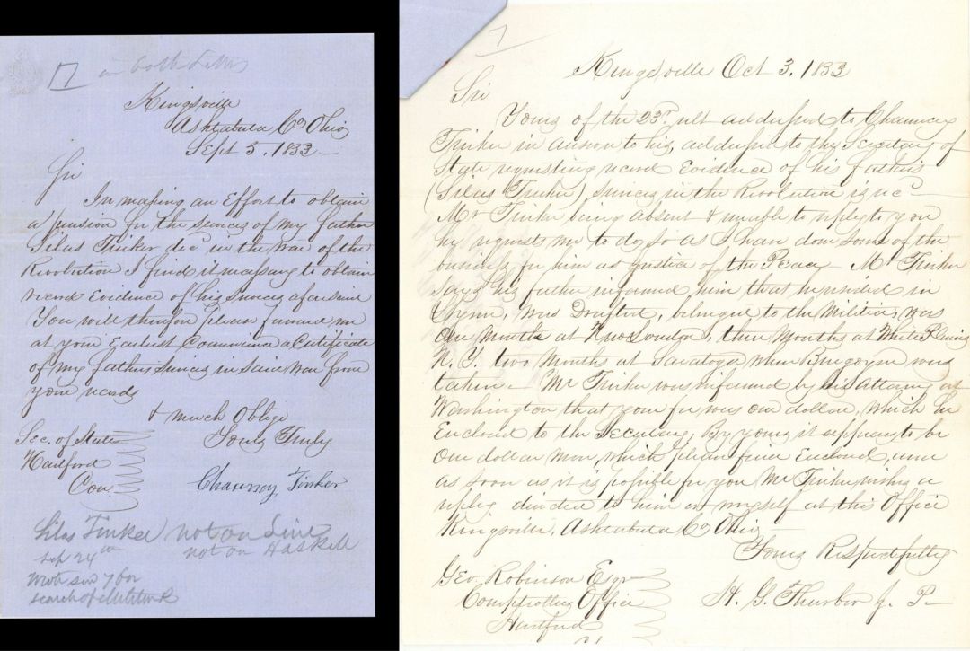 Revolutionary War Pension for Silas Tinker - Connecticut - 1853 dated American Revolutionary War