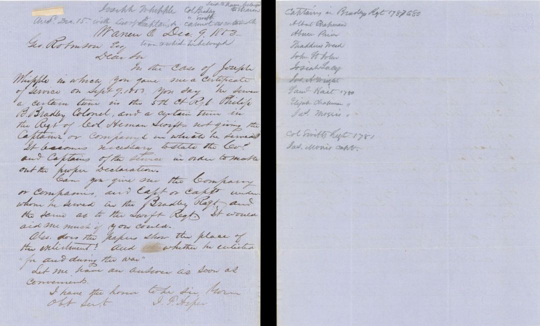 Revolutionary War Pension for Joseph Whipple - Connecticut - 1853 dated American Revolutionary War