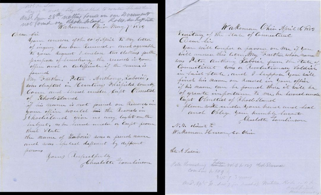 Revolutionary War Pension for Peter Anthony Laborie - Connecticut - 1853 dated American Revolutionary War