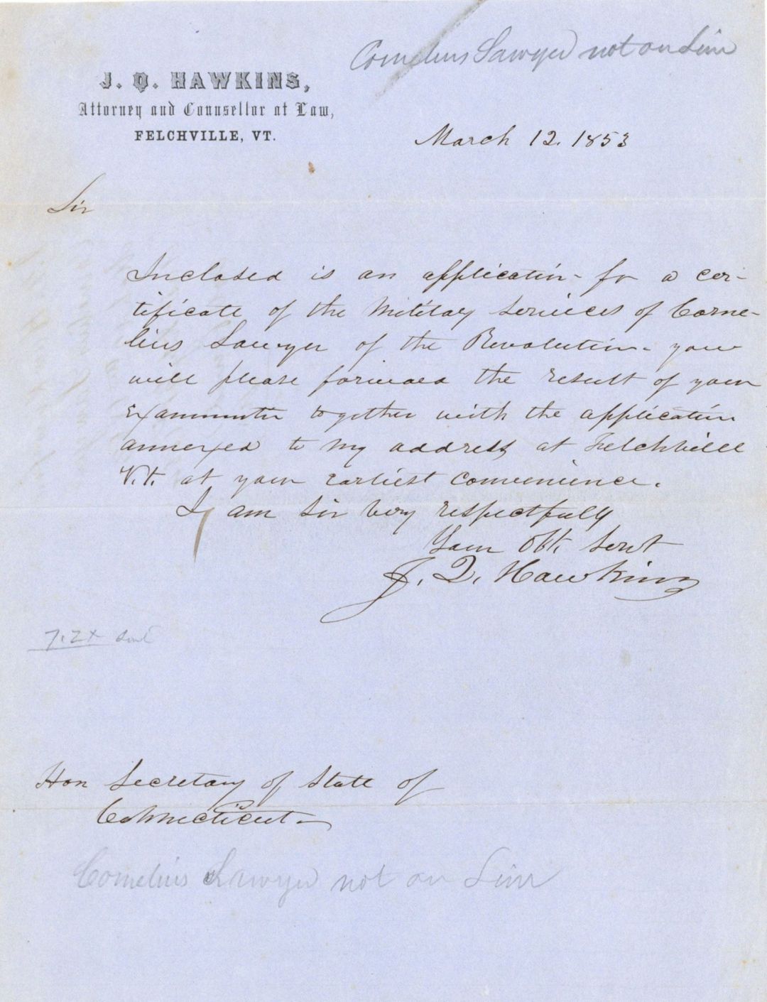 Revolutionary War Pension for Cornelius Sawyer - Connecticut - 1853 dated American Revolutionary War