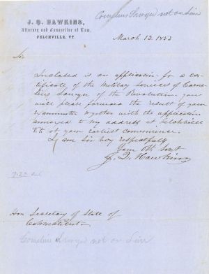 Revolutionary War Pension for Cornelius Sawyer - Connecticut - 1853 dated American Revolutionary War