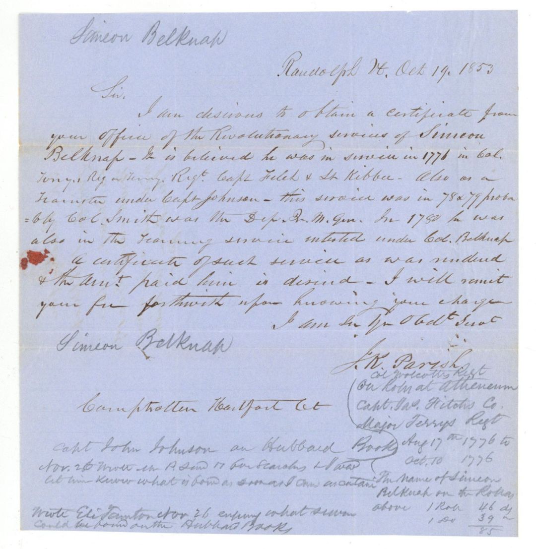 Revolutionary War Pension for Simeon Belknap - Connecticut - 1853 dated American Revolutionary War