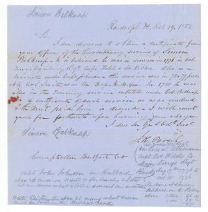 Revolutionary War Pension for Simeon Belknap - Connecticut - 1853 dated American Revolutionary War