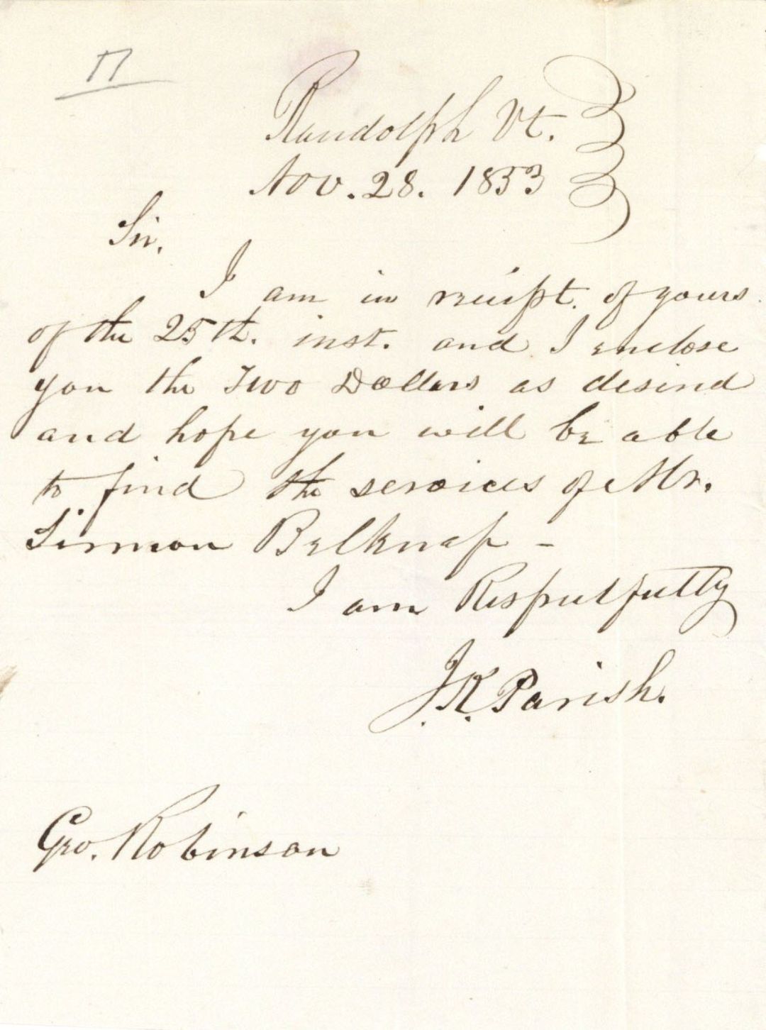 Revolutionary War Pension for Simeon Belknap - Connecticut - 1853 dated American Revolutionary War