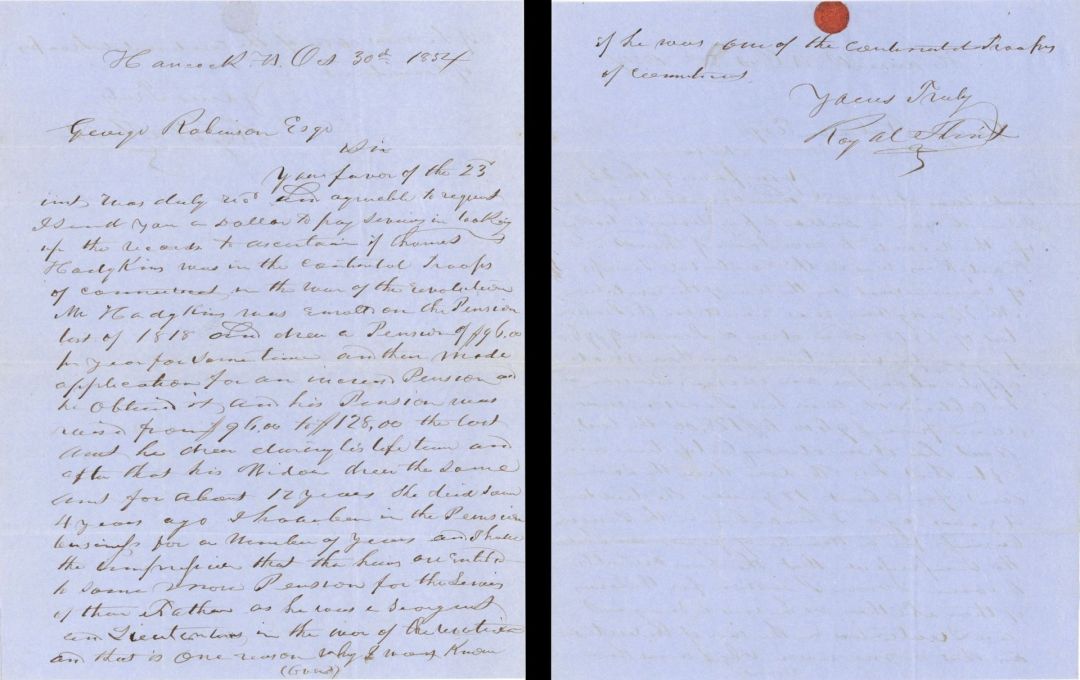 Revolutionary War Pension for Thomas Hodgkins - Connecticut - 1854 dated American Revolutionary War