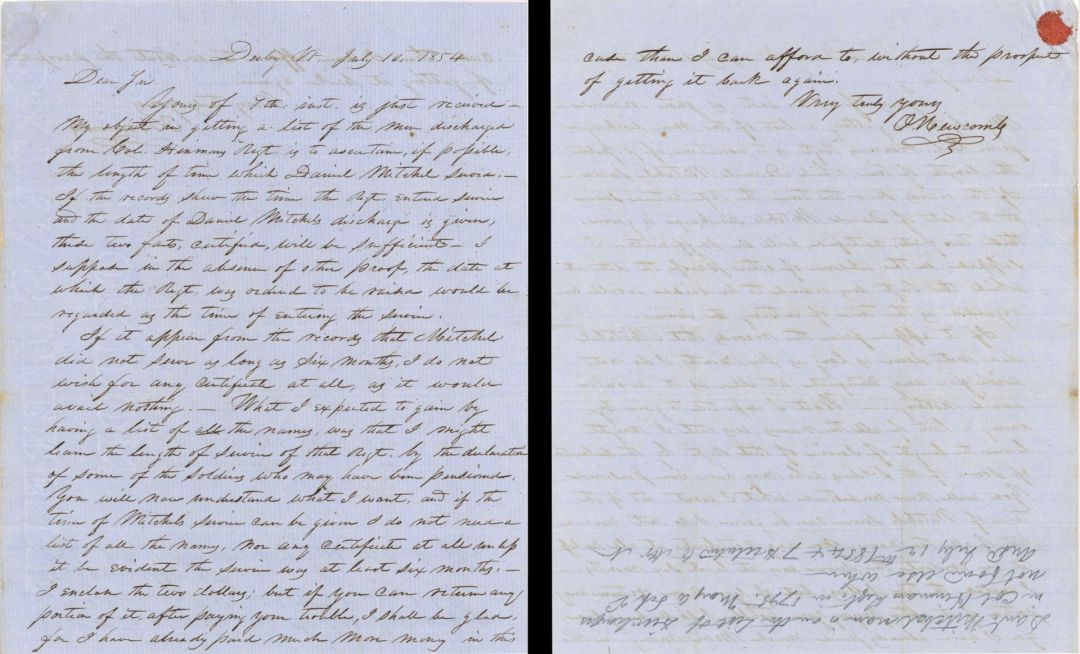 Revolutionary War Pension for Daniel Mitchell - Connecticut - 1854 dated American Revolutionary War