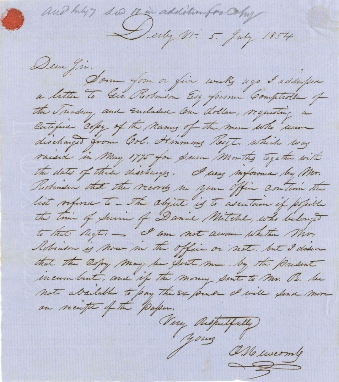 Revolutionary War Pension for Daniel Mitchell - Connecticut - 1854 dated American Revolutionary War