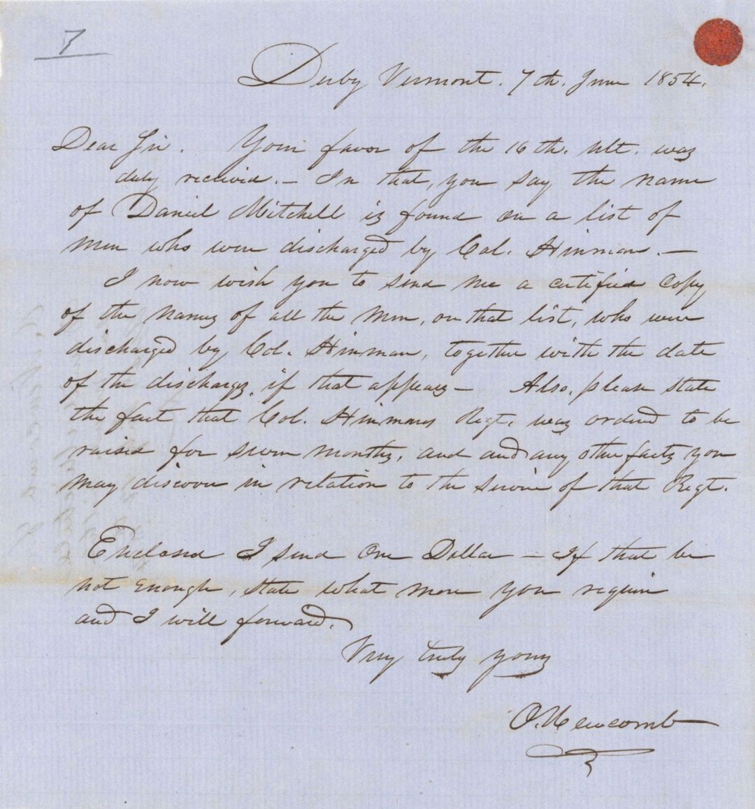 Revolutionary War Pension for Daniel Mitchell - Connecticut - 1854 dated American Revolutionary War