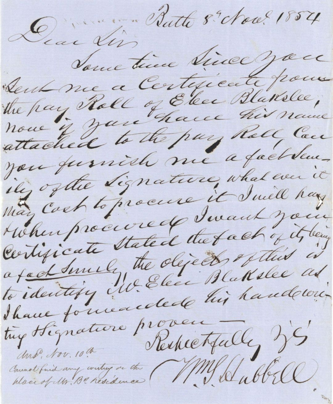 Revolutionary War Pension for Ebec Blackslee- Connecticut - 1854 dated American Revolutionary War