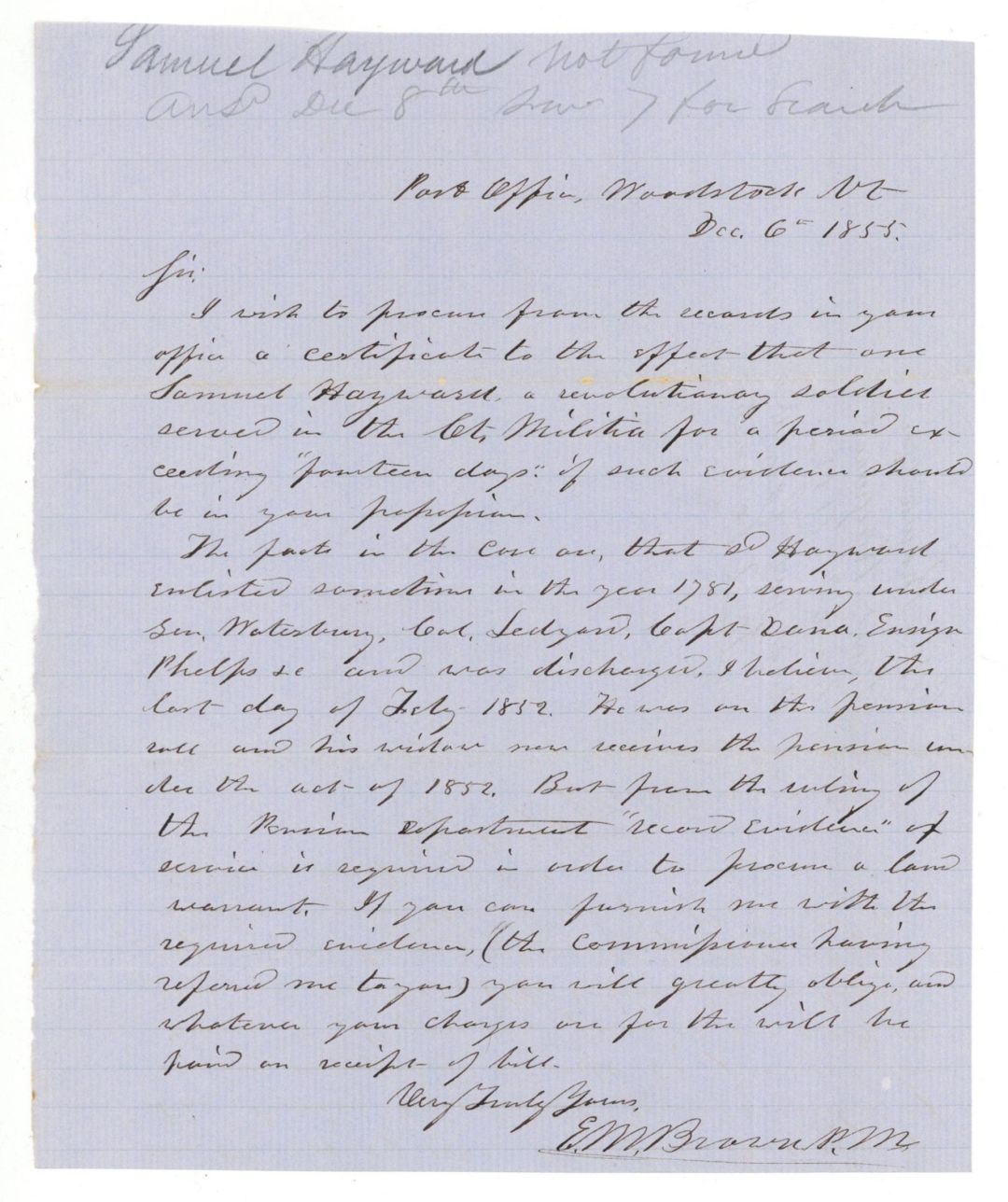 Revolutionary War Pension for Samuel Hayward - Connecticut - 1855 dated American Revolutionary War