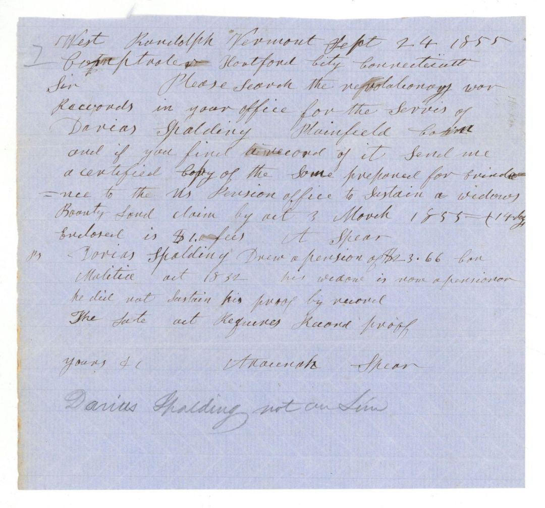 Revolutionary War Pension for Davias Spaulding - Connecticut - 1855 dated American Revolutionary War