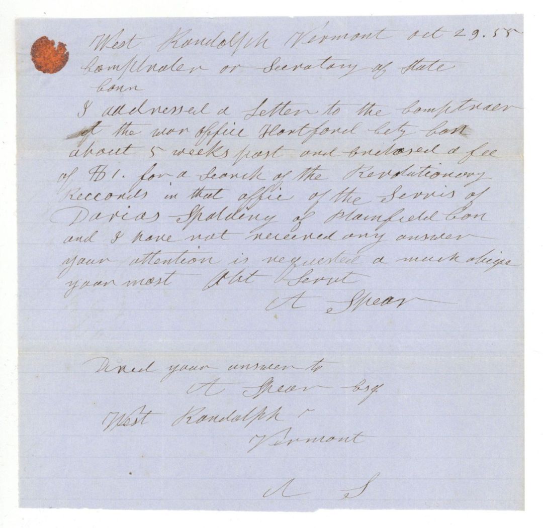 Revolutionary War Pension for Davias Spaulding - Connecticut - 1855 dated American Revolutionary War