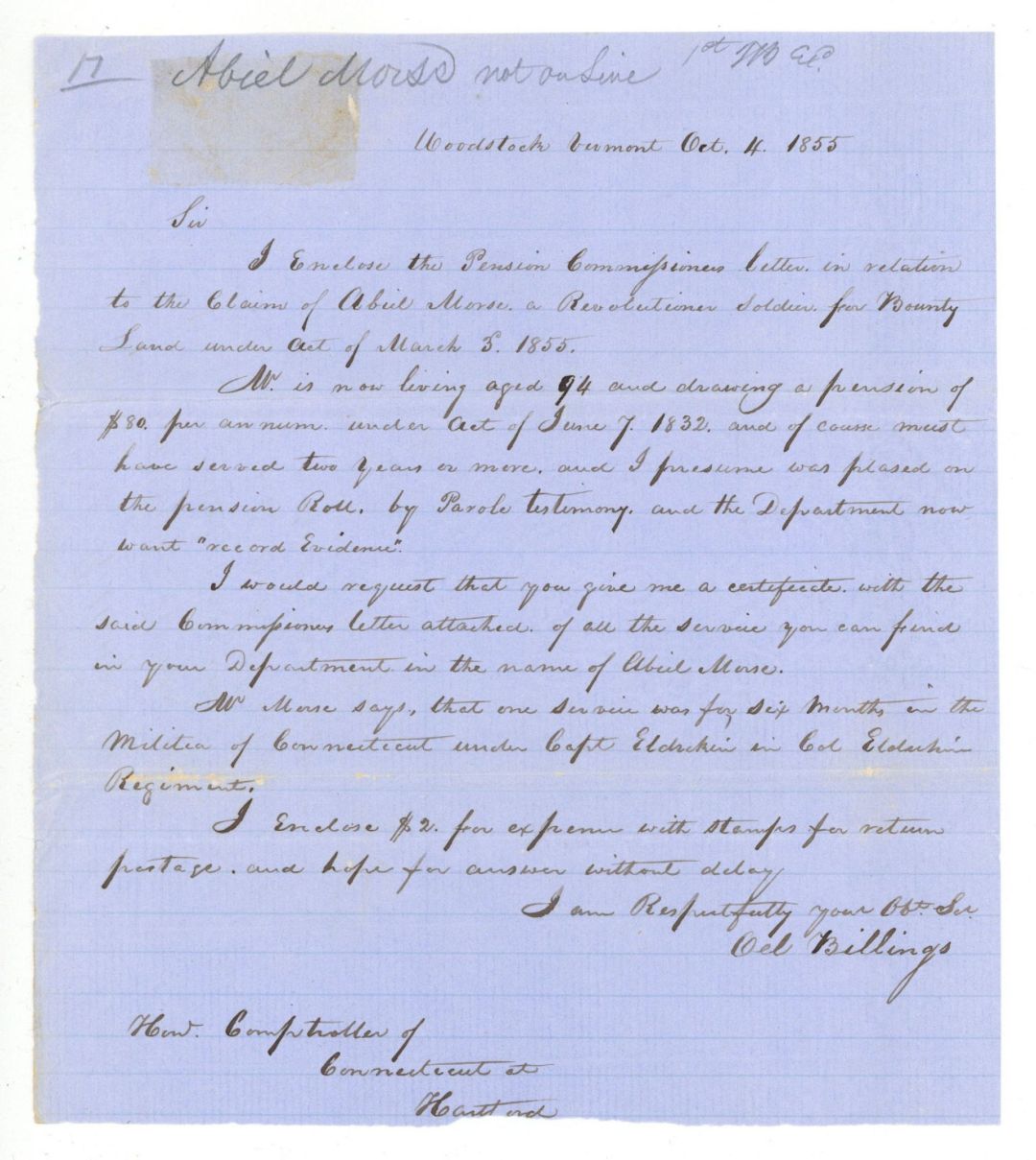 Revolutionary War Pension for Abiel Morse - Connecticut - 1855 dated American Revolutionary War